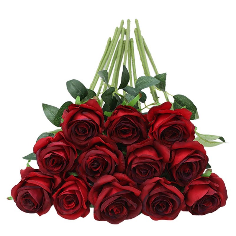 Tifuly 12pcs Red Roses Artificial Flowers,Realistic Long Stem Fake Silk Roses Bouquet for Party Home Wedding Centerpiece Office DIY Decorï¼ˆBurgundyï¼‰ - Image 1